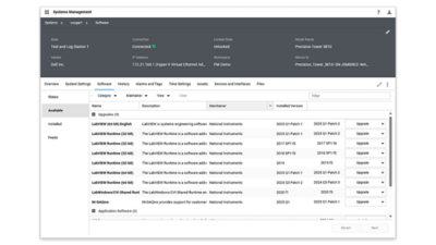SystemLink software management interface showing centralized version control and software deployment across connected test systems.