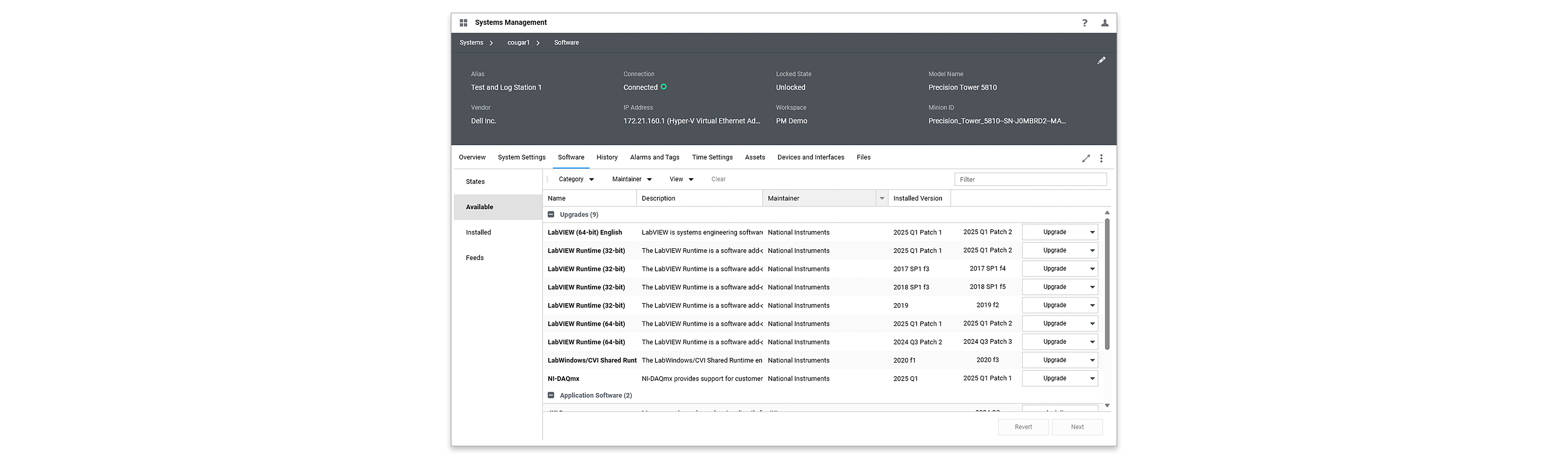 SystemLink software management interface showing centralized version control and software deployment across connected test systems.