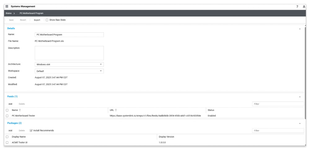 Interfaz SystemLink Systems Management que muestra la creación de un estado del sistema en el que se seleccionan paquetes y alimentaciones de software aprobados para definir la línea de base de configuración validada para un sistema de ensayo.