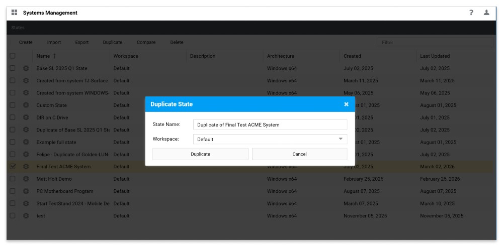 Interfaz SystemLink Systems Management que muestra la duplicación de un estado del sistema para que los ingenieros puedan crear una nueva línea base de configuración a partir de un entorno de sistema de prueba validado existente.