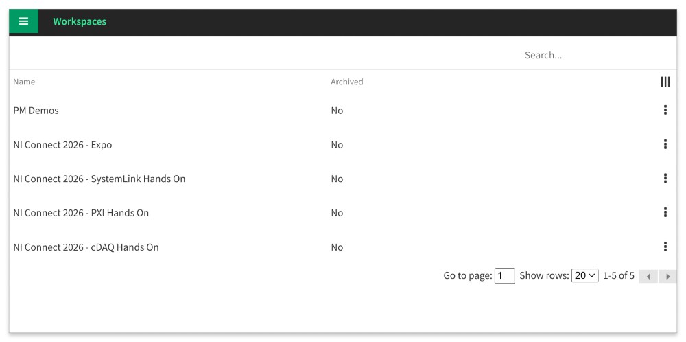 Interfaz de gestión de espacio de trabajo SystemLink que muestra múltiples espacios de trabajo utilizados para separar programas de prueba y entornos dentro de un laboratorio de validación distribuida.