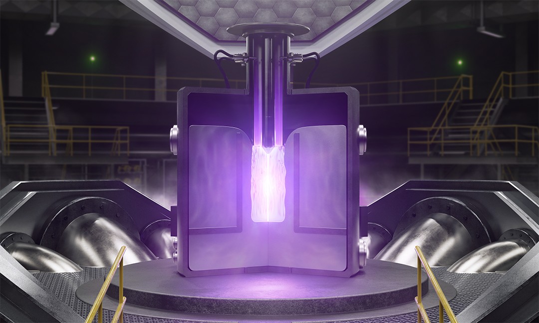 Fusion energy system glowing purple inside an industrial facility.