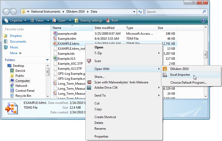 Usando un complemento gratuito, puede hacer doble clic en los archivos TDMS en el Explorador de Windows y abrirlos en Microsoft Excel, incluso sin ningún software de NI instalado