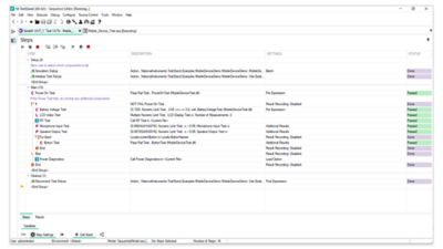 The NI TestStand Sequence Editor interface displaying a main sequence for a VeriStand engine demo, including setup steps to open a project and connect to a system definition, and main steps to set channel values.