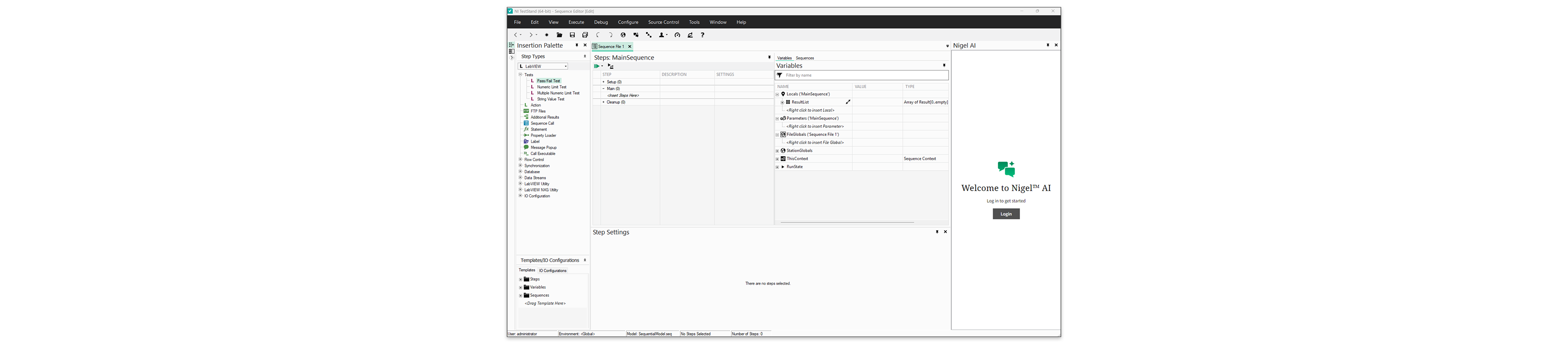 TestStand Sequence Editorには、セットアップ、メイン、クリーンアップセクション、挿入パレットのステップタイプ、および変数ペインを備えたメインシーケンスが表示されており、試験中にテストシーケンスを作成および実行する準備ができています。