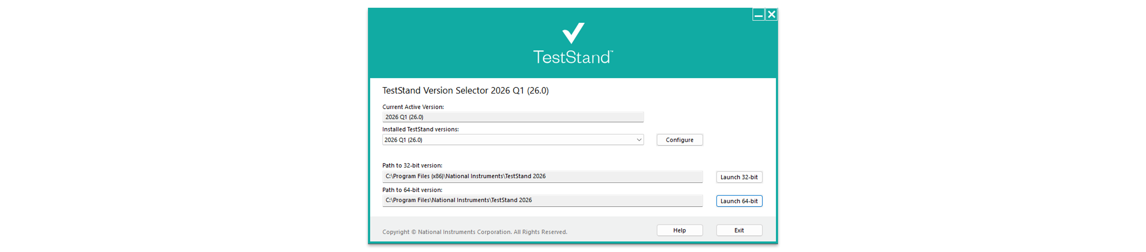 TestStand Version Selectorには、現在アクティブなバージョンとしてTestStand 2026 Q1が表示され、インストールされているバージョンのリスト、32ビット版と64ビット版のインストールパス、およびいずれかのバージョンを構成または起動するための制御器が表示されます。