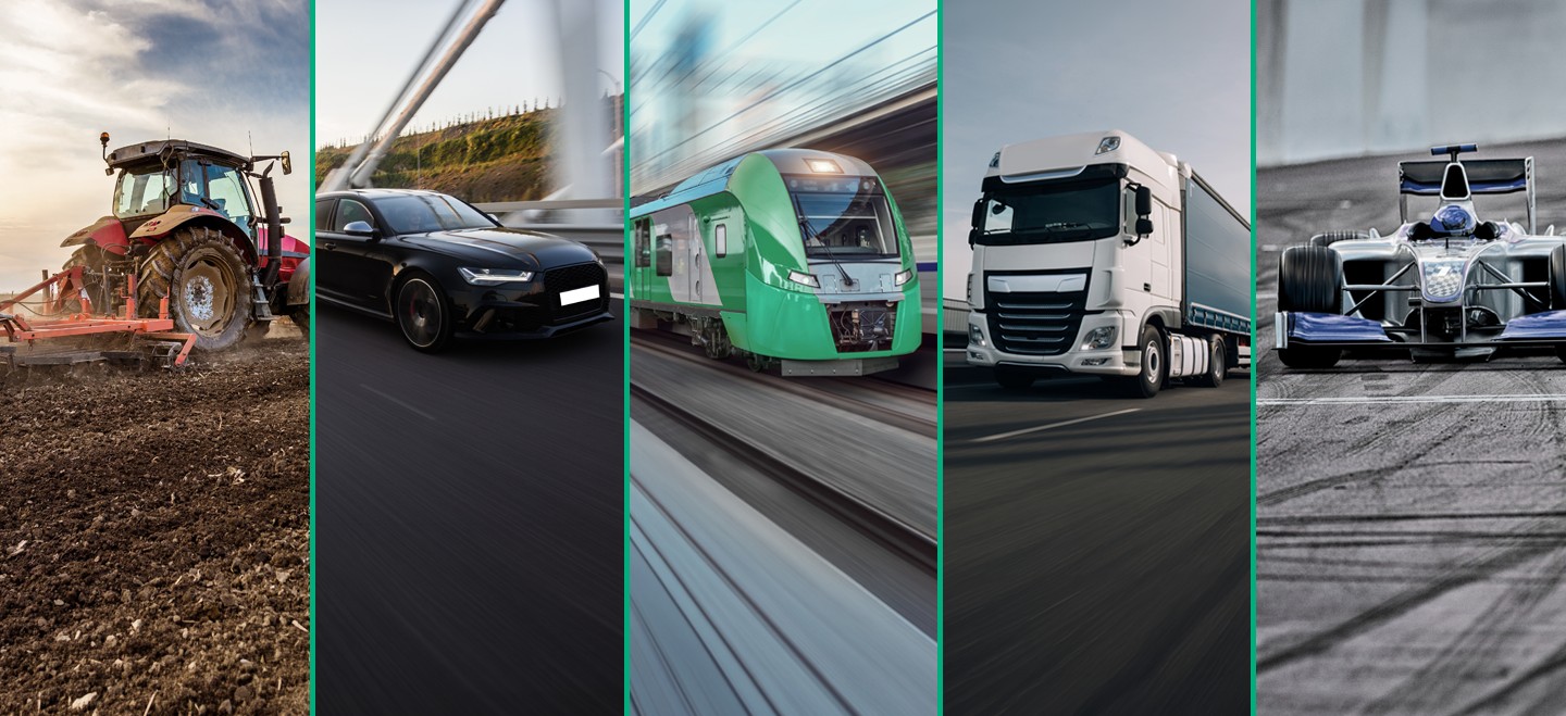 トラクター、自動車、電車、バス、レースカーのコラージュ