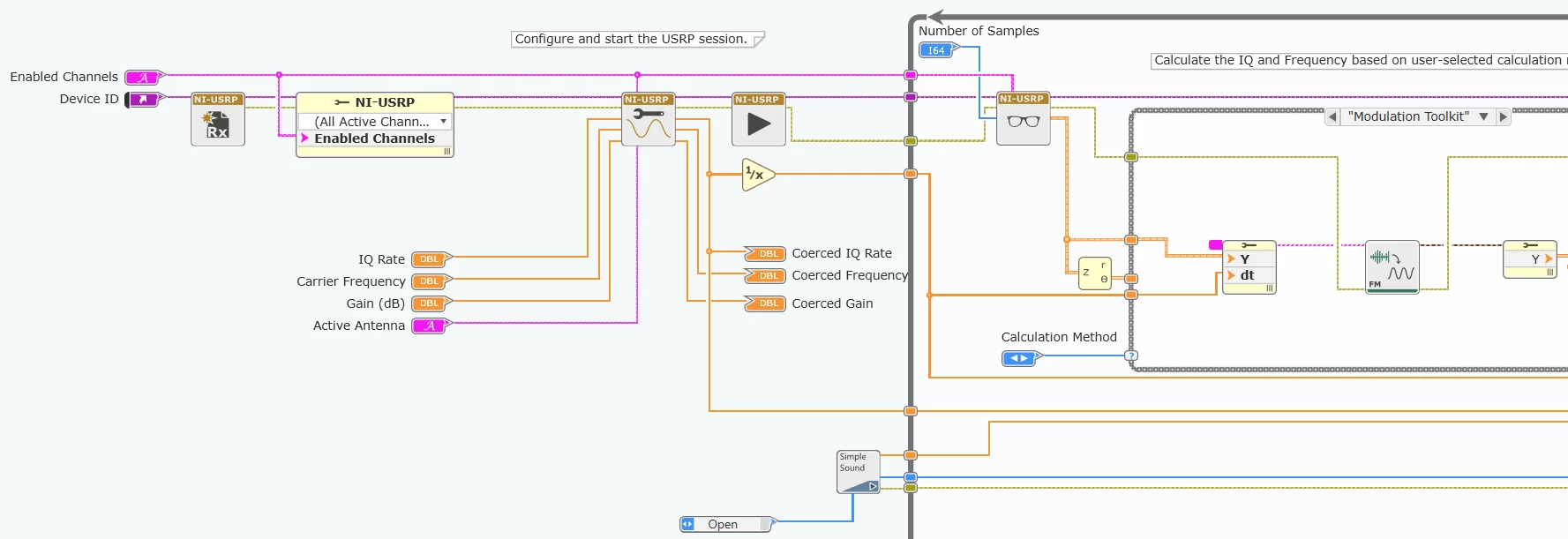 USRP 드라이버 API가 있는 LabVIEW 블록다이어그램의 스크린샷