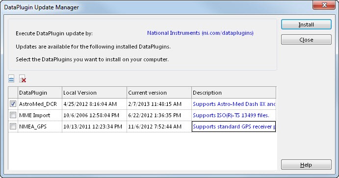 The DataPlugin Update Manager informs you of downloaded DataPlugins that have been updated