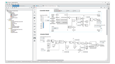 The VeriStand Real-Time Sequence Editor showing a “Ramp.nivsseq” file. The interface features a left-hand palette of primitives and a Stimulus Profile Library, while the main workspace displays the sequence logic organized into Setup, Main, and Clean Up sections for calculating and executing a signal ramp.