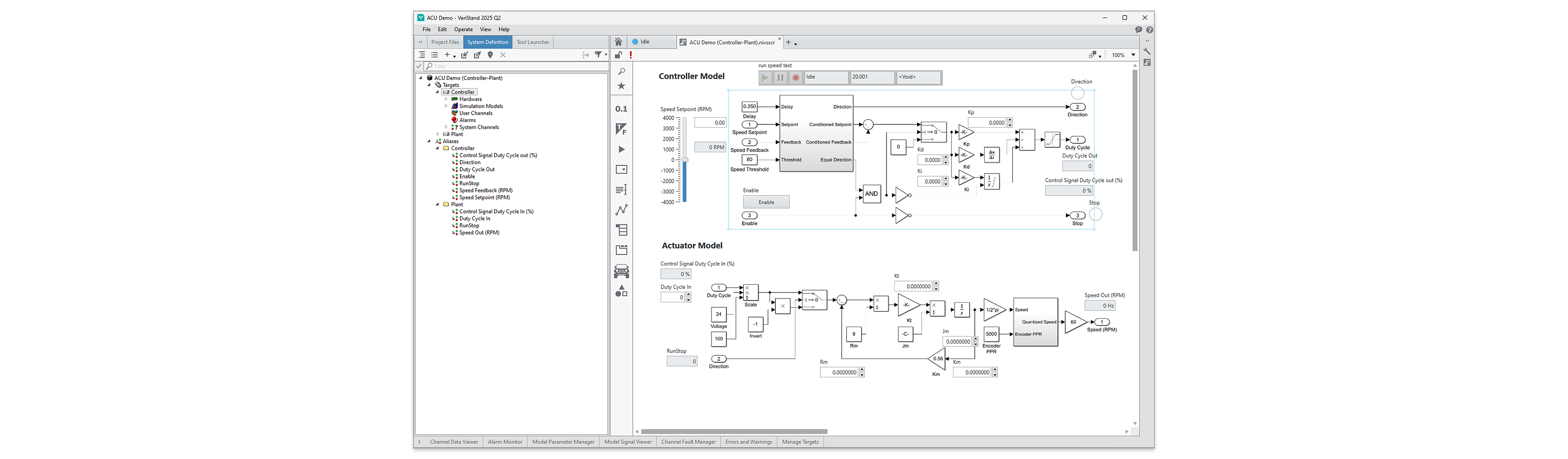 The VeriStand Real-Time Sequence Editor showing a “Ramp.nivsseq” file. The interface features a left-hand palette of primitives and a Stimulus Profile Library, while the main workspace displays the sequence logic organized into Setup, Main, and Clean Up sections for calculating and executing a signal ramp.