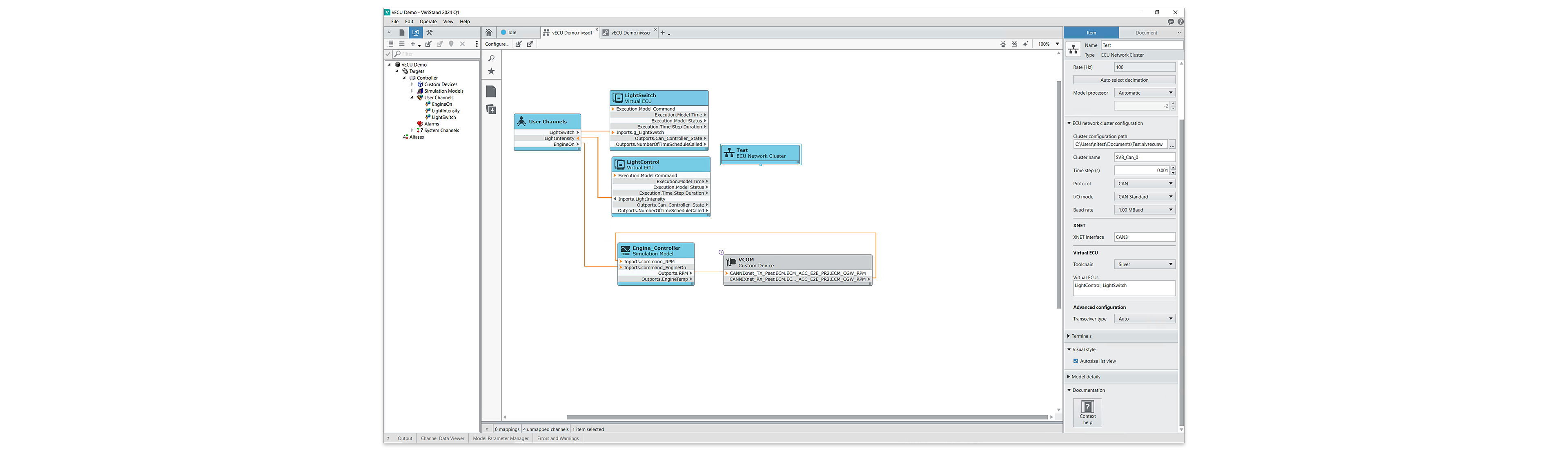 VeriStand System Explorer showing a configuration-based test system with real-time targets, hardware, communication buses, user channels, alarms, and calculated channels.