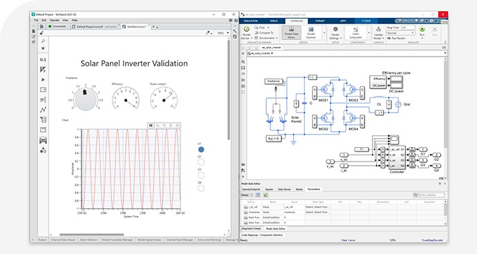 Screenshots of NI VeriStand software and Mathworks Simulink running side by side.  
