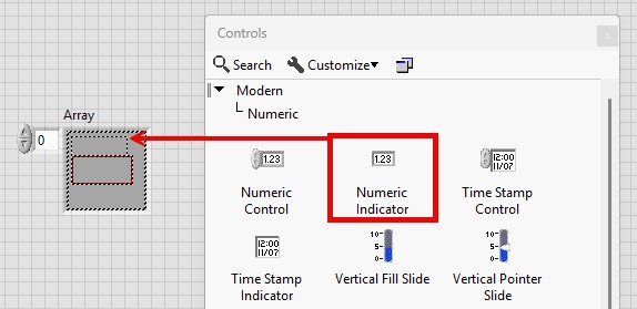 GUI - Drag and drop a numeric indicator inside the Array shell.