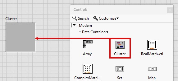 GUI - Drag the Cluster shell onto the front panel.