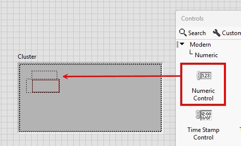 GUI - Drag and drop a numeric control inside the Cluster shell.