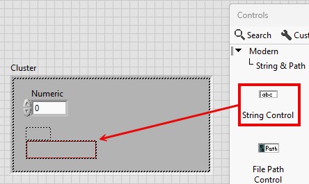 GUI - Drag and drop a String Control inside the Cluster shell.