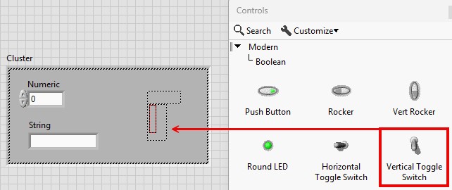 GUI - Drag and drop a Vertical Toggle Switch inside the Cluster shell.
