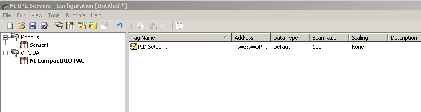A Sample Configuration in NI OPC Servers for the Above Architecture