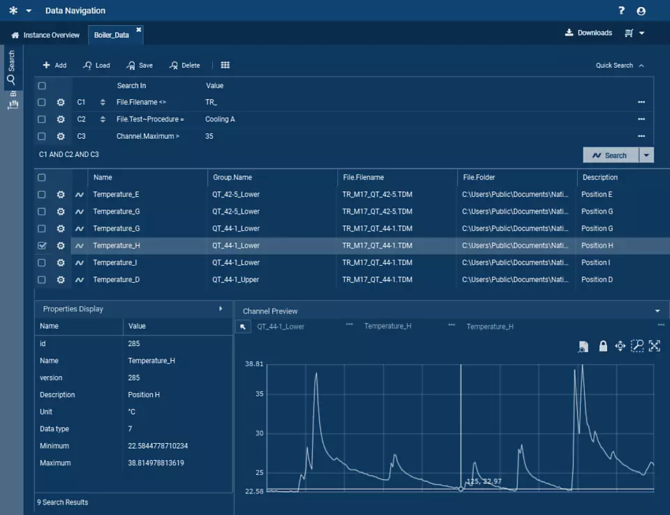 Displays parametric search options for file, group, and channel levels of a measurement file and shows results from search