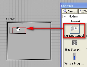 GUI - Drag and drop a numeric control inside the Cluster shell.