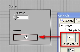 GUI - Drag and drop a String Control inside the Cluster shell.