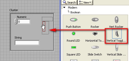 GUI - Drag and drop a Vertical Toggle Switch inside the Cluster shell.
