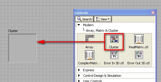 GUI - Drag the Cluster shell onto the front panel.