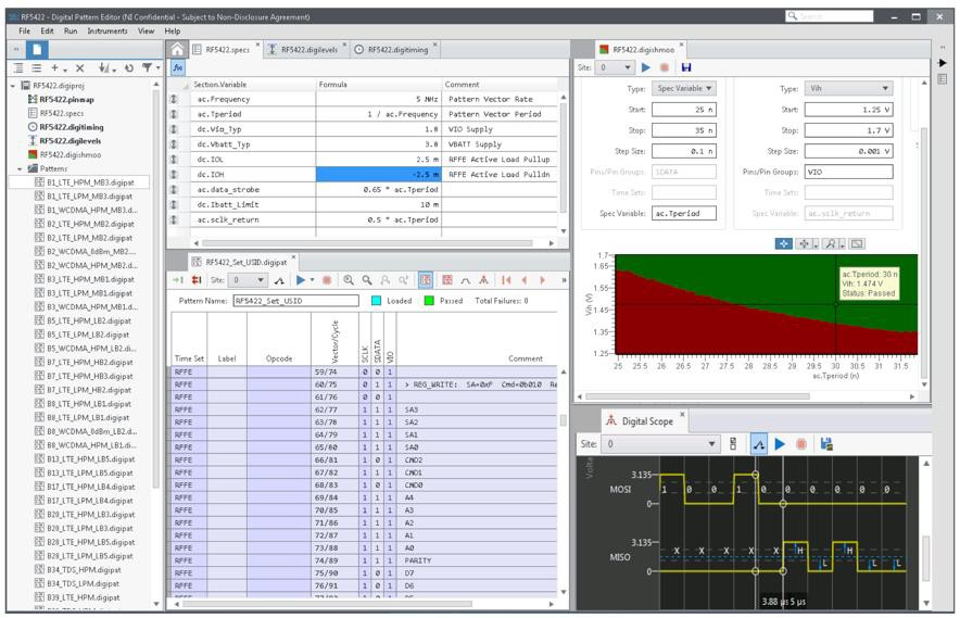 The Digital Pattern Editor is an integrated software environment for developing and editing configuration files like pin maps, specifications and levels, as well as digital pattern data and timing sheets. It also includes debugging and margining tools like a digital scope and Shmoo