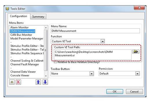 간단한 설정 대화 상자를 사용하여 NI VeriStand Workspace 메뉴에 LabVIEW VI를 추가합니다.