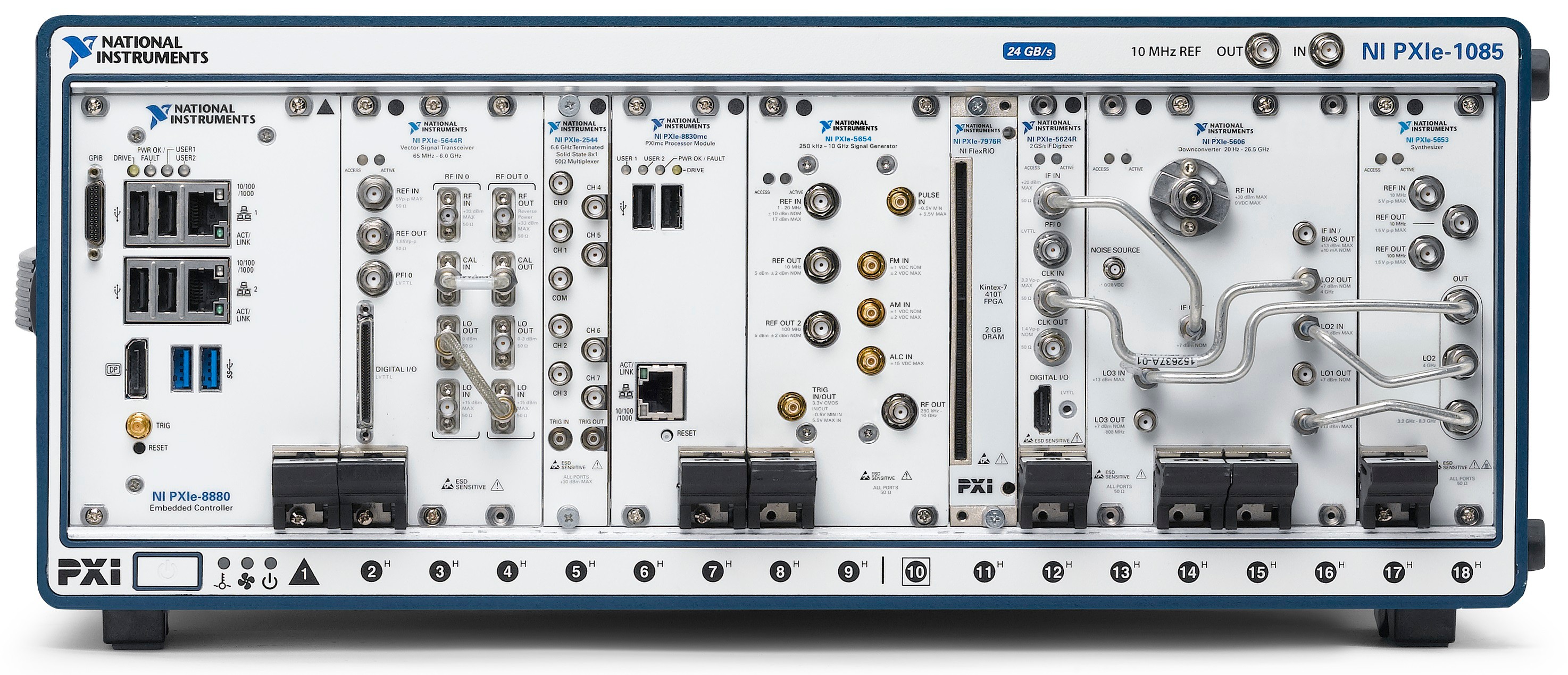 A PXI system full of high-bandwidth, signal-processing intensive RF instrumentation and a PXIe-8830mc coprocessing module in slots 6 and 7 to add four processing cores