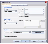 Analysis parameters for the Parameter Sweep Analysis