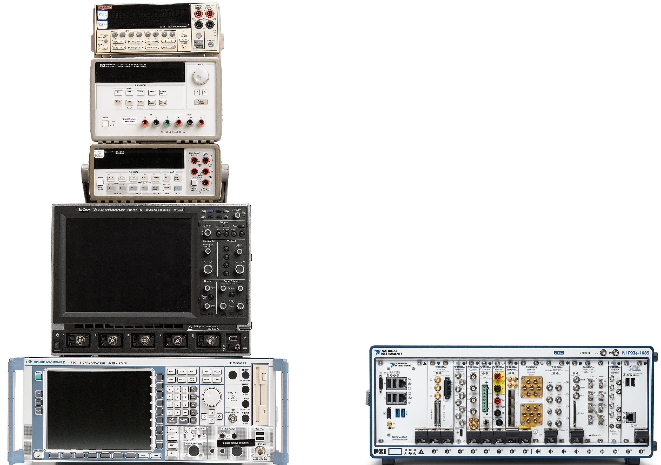 Side-by-side comparison of a stack of five traditional, box instruments (left) and a PXI-based system with multiple instruments (right)