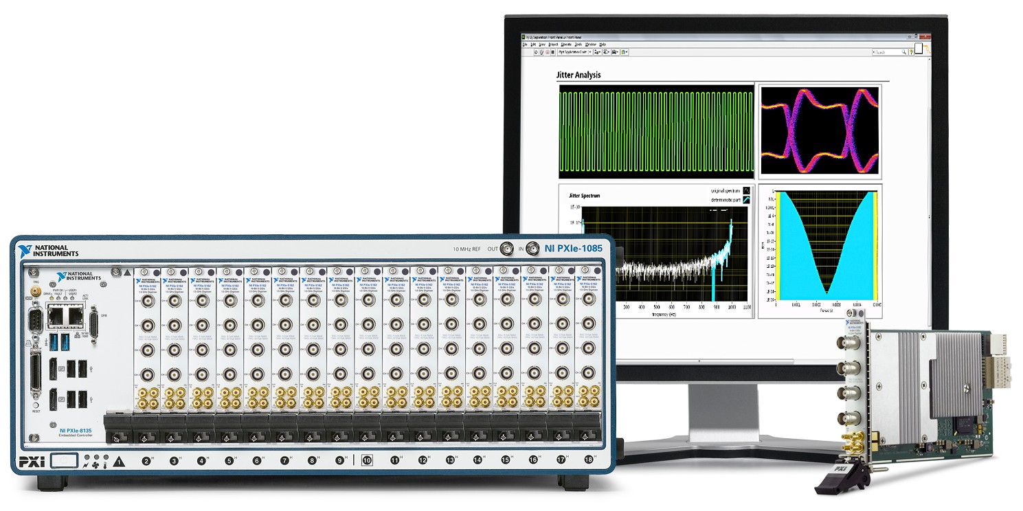 A modular measurement system with an 18-slot PXI Express chassis full of modular oscilloscopes