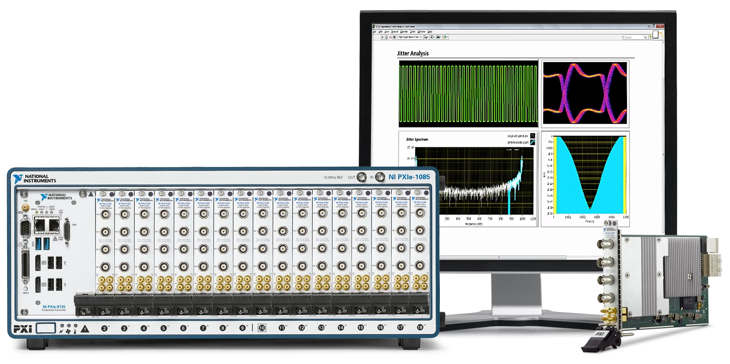 Un sistema modular de medidas con un chasis PXI Express de 18 ranuras lleno de osciloscopios modulares