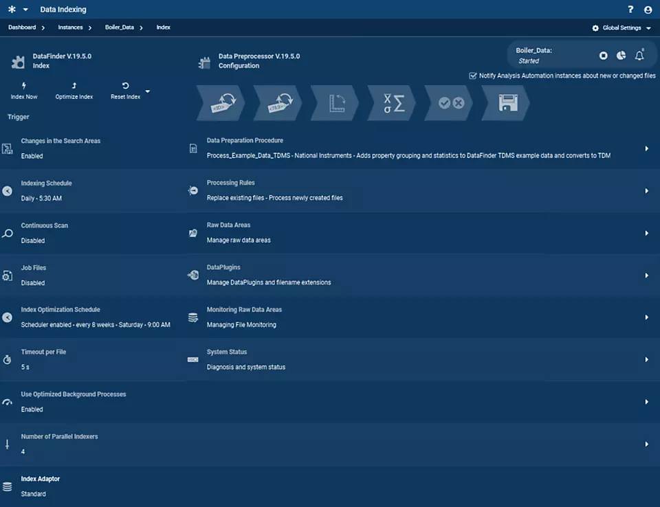 Displays configuration windows for indexing measurement files and for standardizing data