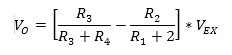 The output of a Wheatstone bridge, Vo, is measured between the middle nodes of the two voltage dividers