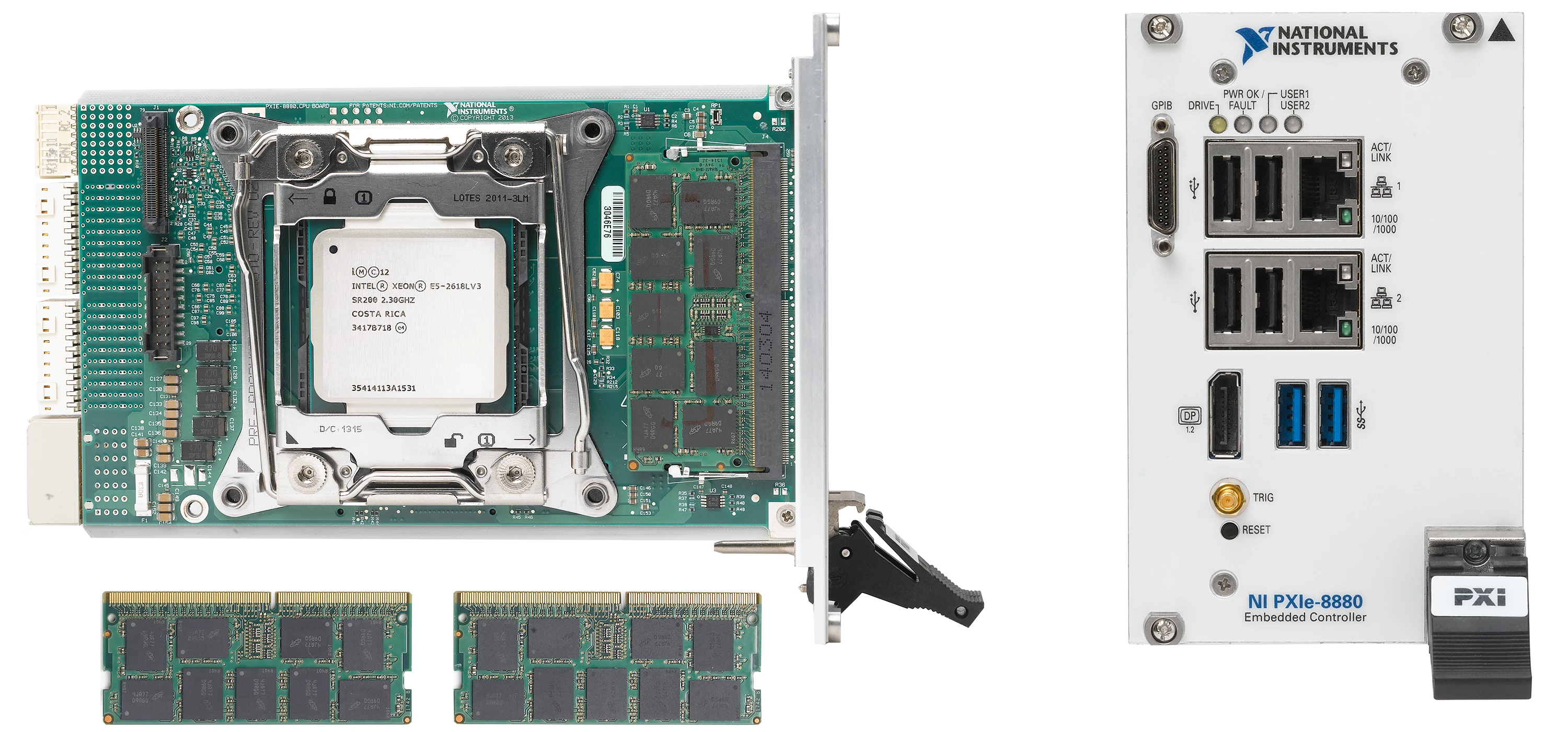 (Left) Teardown view of PXIe-8880 embedded controller with Intel Xeon processor exposed and 2-8 GB RAM upgrades, (Right) Front view of the PXIe-8880 embedded controller with peripherals