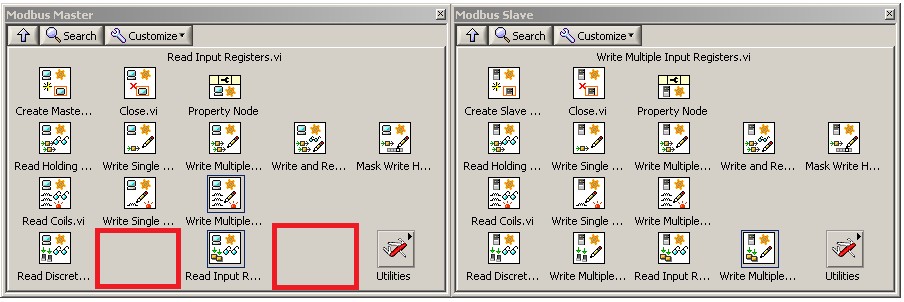 Modbus Master and Slave Palettes Showing the Function Codes